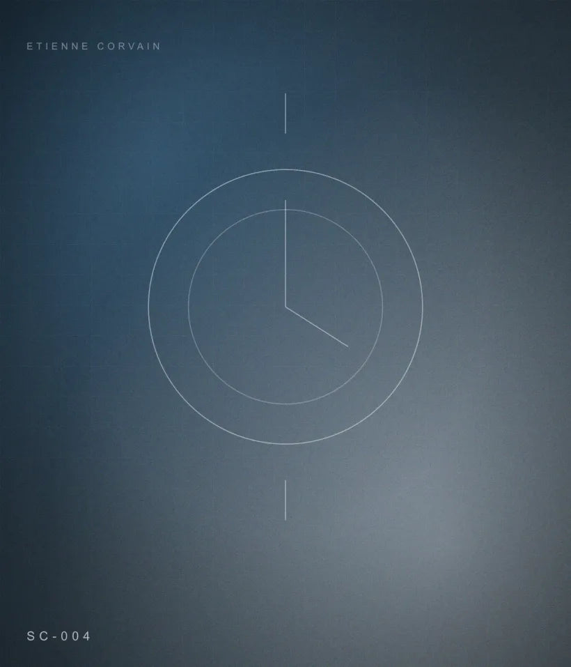 Abstract watch dial geometry in steel blue and cool grey